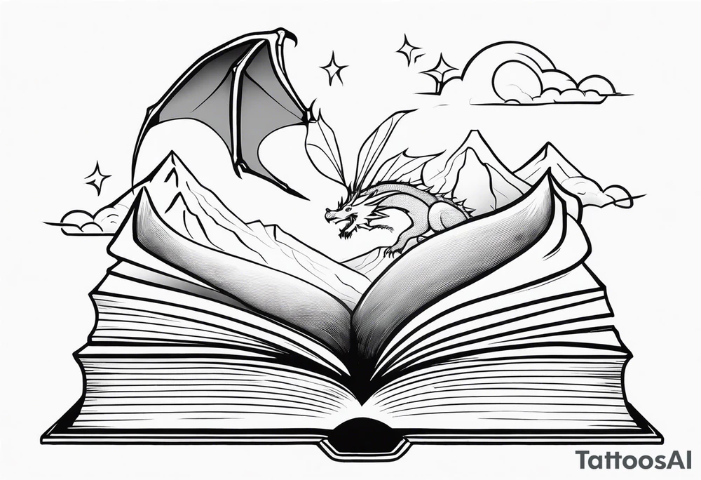 An open magic book fluttering pages. a tiny dragon with four legs flying in the sky. three mountains coming out of the book tattoo idea