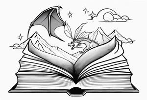 An open magic book fluttering pages. a tiny dragon with four legs flying in the sky. three mountains coming out of the book tattoo idea