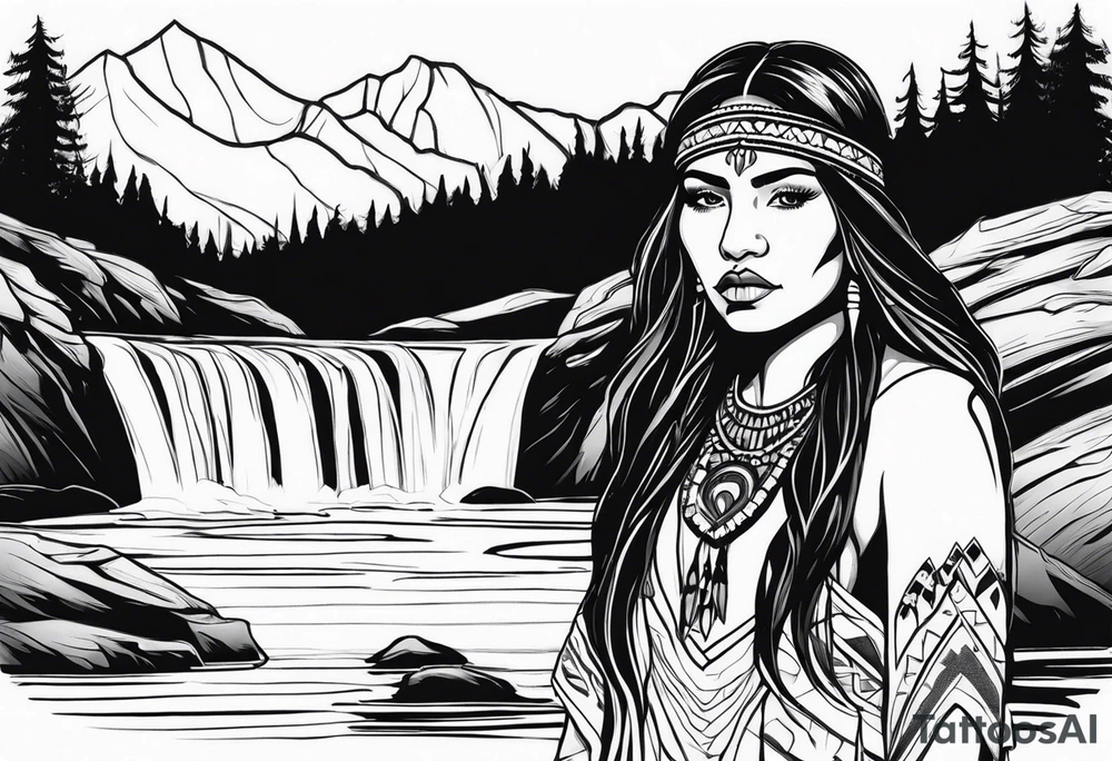 A native American Indian woman by a waterfall she is Aquarius water barrer she has tattoos and her eyes can see right through you tattoo idea