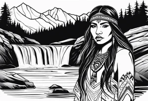 A native American Indian woman by a waterfall she is Aquarius water barrer she has tattoos and her eyes can see right through you tattoo idea