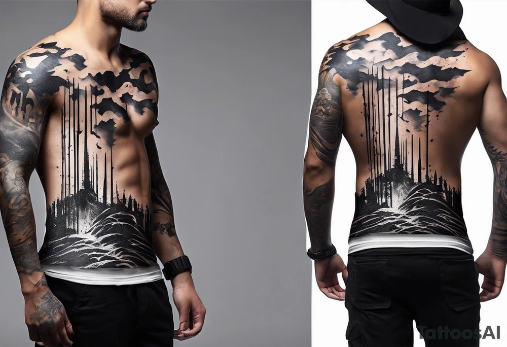 Certainly! Here’s a description for your back tattoo:

---

**Tattoo Description:**

Design: Black work, paint strokes.
Location: Back.
Concept: Dante's Inferno, representing the layers of hell.

**Design Details:**

1. **Vertical Lines:**
   - Two bold, vertical lines run parallel up the spine, symbolizing the journey through the depths of Dante's Inferno.

2. **Horizontal Lines:**
   - Nine horizontal lines intersect the vertical lines, each representing one of the nine circles of hell.
   - The lines descend down the back, each becoming progressively shorter and narrower to signify the decreasing levels of hell's circles.
   - The paint stroke style gives the lines a dynamic, brush-painted appearance, enhancing the dramatic and artistic effect.

3. **Overall Style:**
   - The black work technique ensures a striking contrast, with deep black ink emphasizing the severity and depth of the concept.
   - The paint stroke style adds an element of fluidity and movement, symbolizing the chaotic and tortured nature of hell as depicted in Dante’s Inferno.

---

This description provides a clear and detailed vision for your tattoo artist to work from, capturing the essence and symbolism of Dante’s Inferno in a powerful and visually striking way. tattoo idea