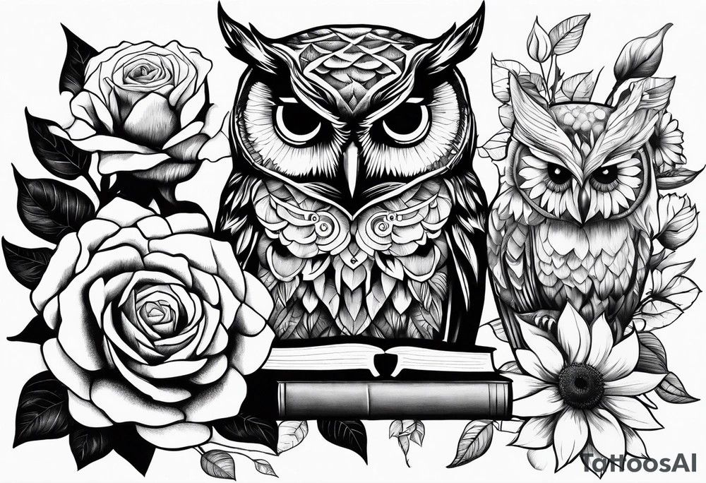 Sunflower, camera, book, owl, flower rose tattoo idea