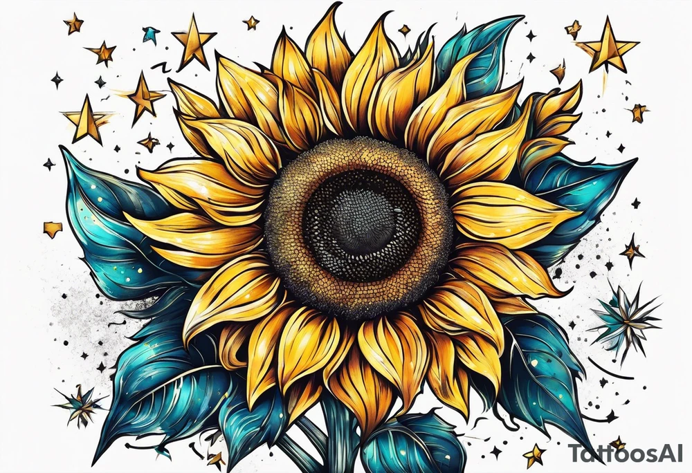sunflower surrounded with little stars, tree and arrow tattoo idea