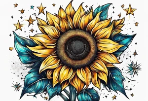 sunflower surrounded with little stars, tree and arrow tattoo idea