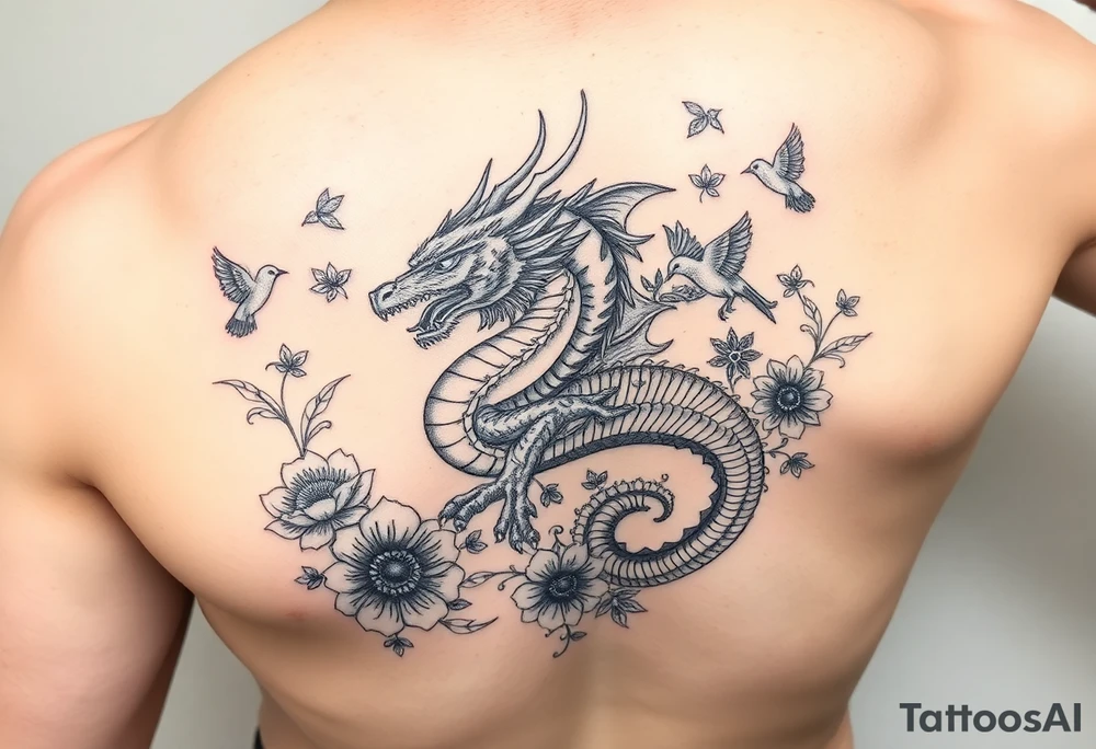 powerful majestic dragon, surrounded by floral ornaments and birds on forearm tattoo idea