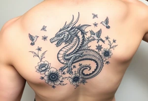 powerful majestic dragon, surrounded by floral ornaments and birds on forearm tattoo idea