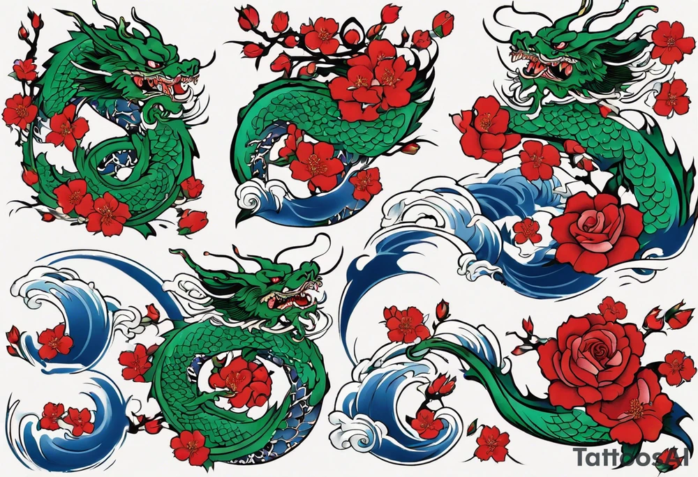 Japanese floral cherry blossom and irezumi back ground in filler for a green traditional Chinese dragon and great waves and red rose and blue butterfly tattoo tattoo idea