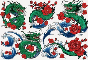 Japanese floral cherry blossom and irezumi back ground in filler for a green traditional Chinese dragon and great waves and red rose and blue butterfly tattoo tattoo idea