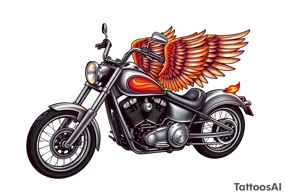 Low rider grey motorcycle, big muffler pipes with flames, angel wings, driving away, no person tattoo idea