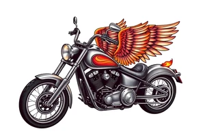 Low rider grey motorcycle, big muffler pipes with flames, angel wings, driving away, no person tattoo idea