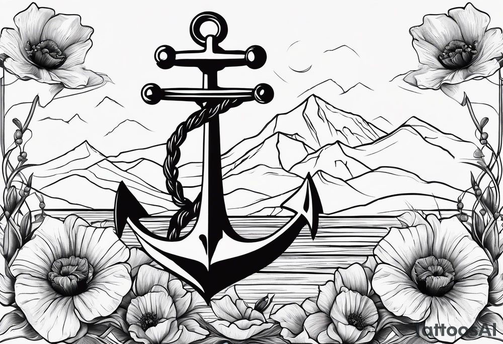 small anchor with two poppy flowers intertwined and mountains behind it tattoo idea
