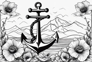 small anchor with two poppy flowers intertwined and mountains behind it tattoo idea