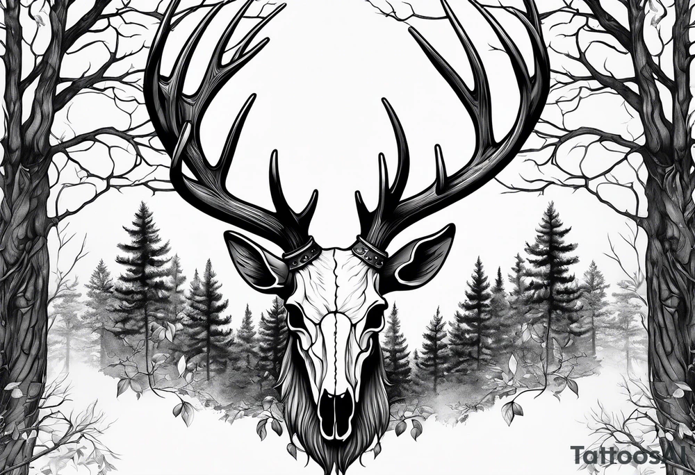 A side view of a dead deer skull surrounded by trees and fire tattoo idea