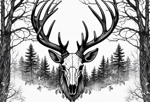 A side view of a dead deer skull surrounded by trees and fire tattoo idea