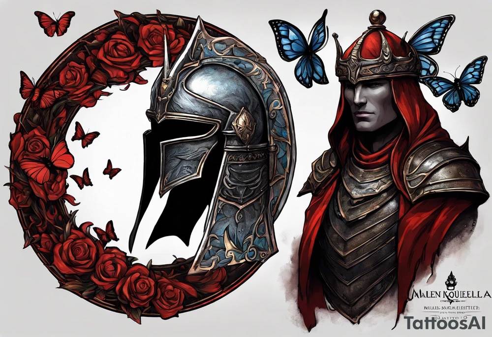 Generate an Elden Ring tattoo concept of Malenia's helmet laying on a pool of rot with rot butterflies flying over and a text that says, " I am Malenia, Blade of Miquella and I have never known Defeat" circling around the tattoo tattoo idea
