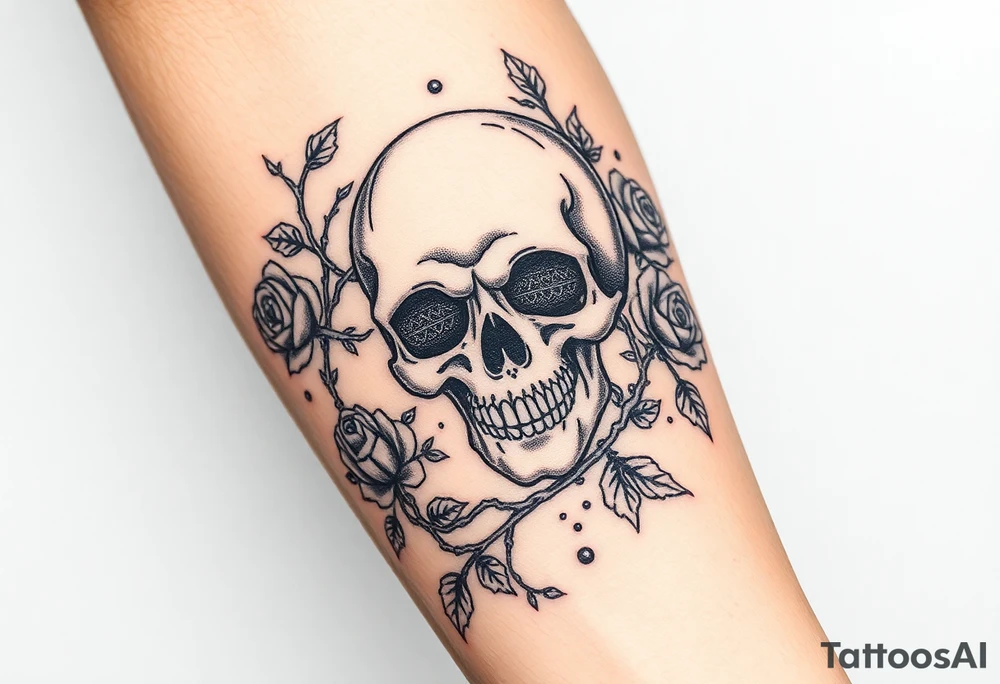 gothic skull intertwined with climbing roses and thorny vines tattoo idea