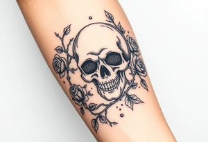 gothic skull intertwined with climbing roses and thorny vines tattoo idea
