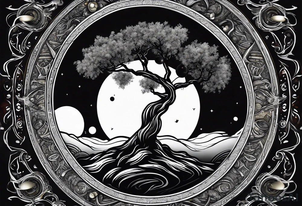An olive tree in a black hole  with a small Saturn-like planet in in the background. tattoo idea