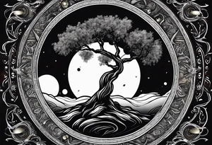 An olive tree in a black hole  with a small Saturn-like planet in in the background. tattoo idea