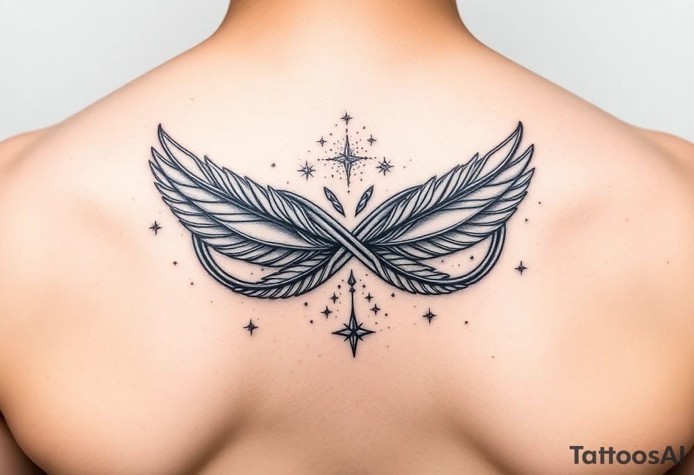 infinity symbol woven with floating feathers and stardust tattoo idea