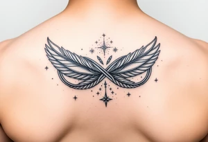 infinity symbol woven with floating feathers and stardust tattoo idea