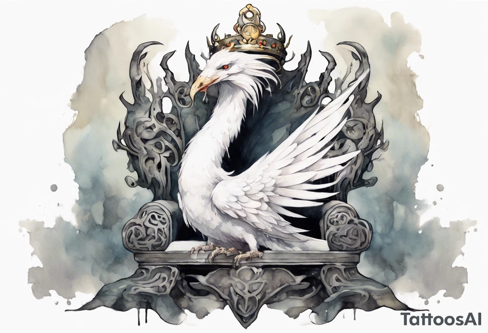 a white bird-serpent hybrid, wearing a pewter crown on its head, resting on a stone throne tattoo idea