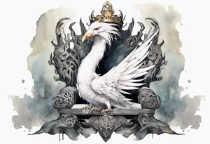a white bird-serpent hybrid, wearing a pewter crown on its head, resting on a stone throne tattoo idea
