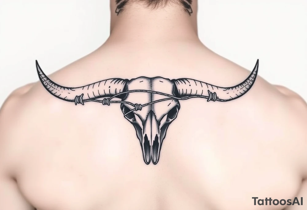 Long horn scull wrapped in barbed wire tattoo idea
