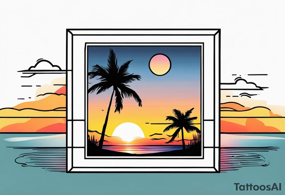 the outline of a polaroid-picture frame where the image of the picture is a sunset tattoo idea