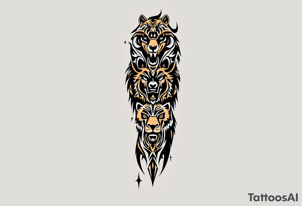A totem of four animal totems (bear, wolf, eagle, buffalo) in earth tones, representing the medicine wheel. tattoo idea