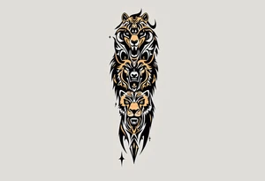 A totem of four animal totems (bear, wolf, eagle, buffalo) in earth tones, representing the medicine wheel. tattoo idea
