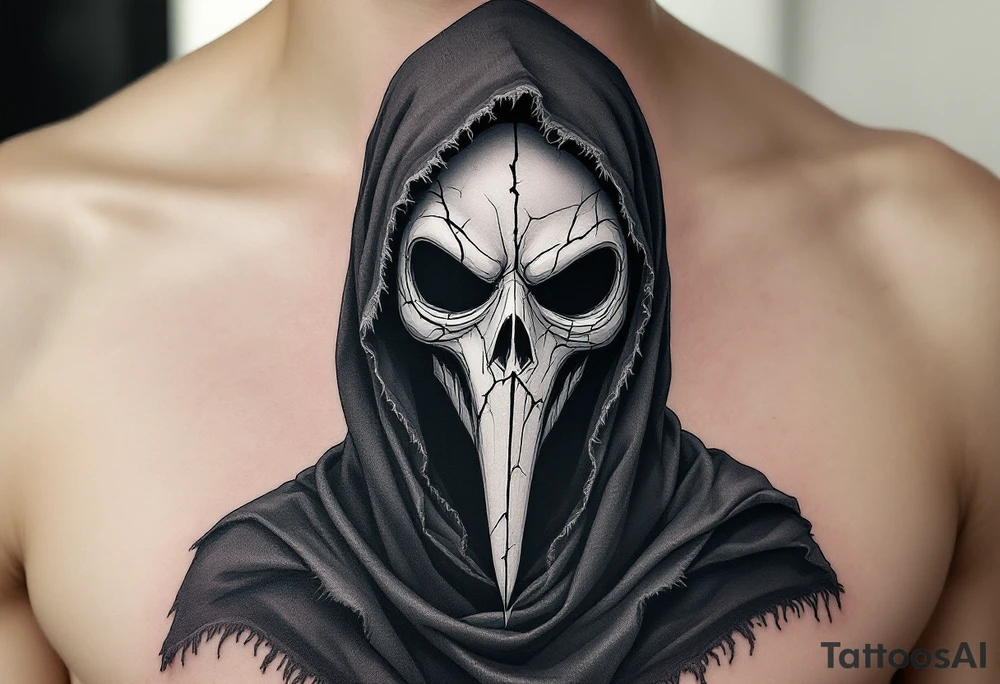 Plague Doctor with Broken Mask – A sinister plague doctor with tipical mask and a fractured porcelain-white mask, revealing hollow darkness beneath. The robes are dark gray with frayed edges, giving the figure an eerie, ghostly presence. tattoo idea