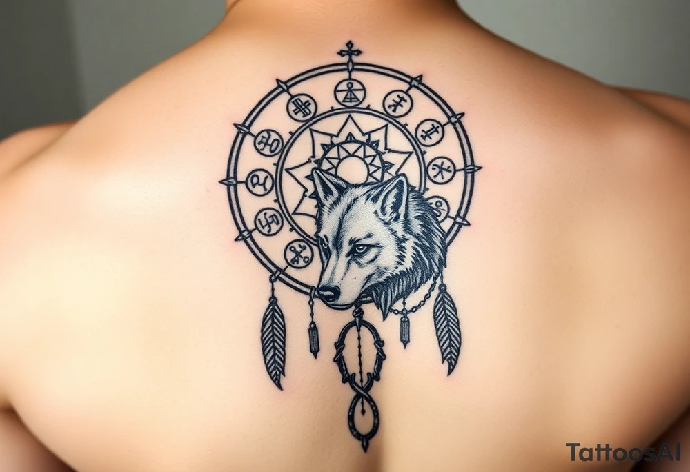Dreamcatcher with zodiac symbols and protection runes caught in it with wolf tattoo idea