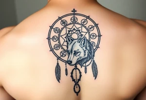 Dreamcatcher with zodiac symbols and protection runes caught in it with wolf tattoo idea