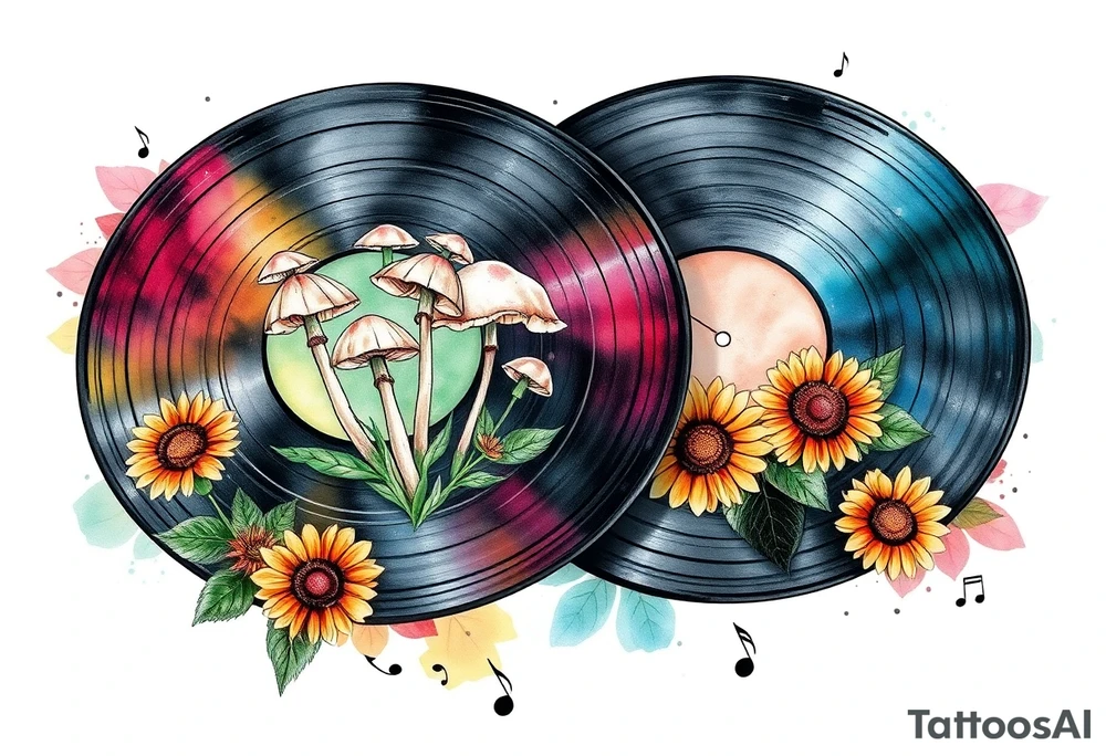 two overlapping vinyl records with mushrooms, sunflowers, and music notes tattoo idea