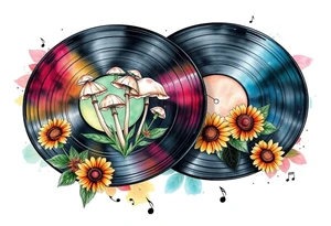 two overlapping vinyl records with mushrooms, sunflowers, and music notes tattoo idea