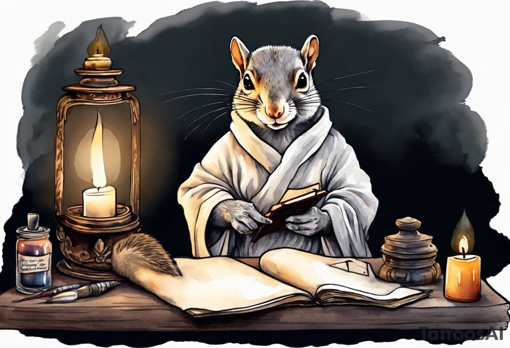 an elderly grey squirrel dressed in a monk robe sitting at a desk in the dark holding a quill writing by candlelight tattoo idea