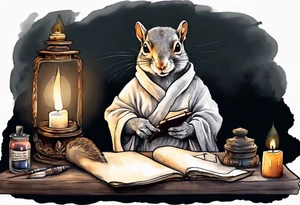 an elderly grey squirrel dressed in a monk robe sitting at a desk in the dark holding a quill writing by candlelight tattoo idea