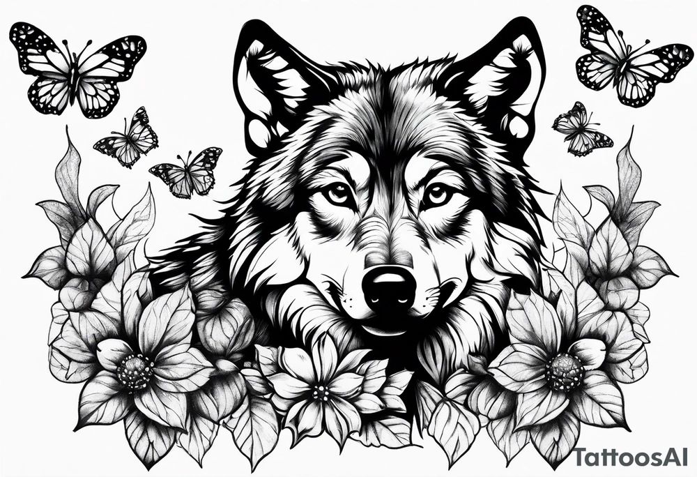 Wolf puppy and butterflies tattoo idea