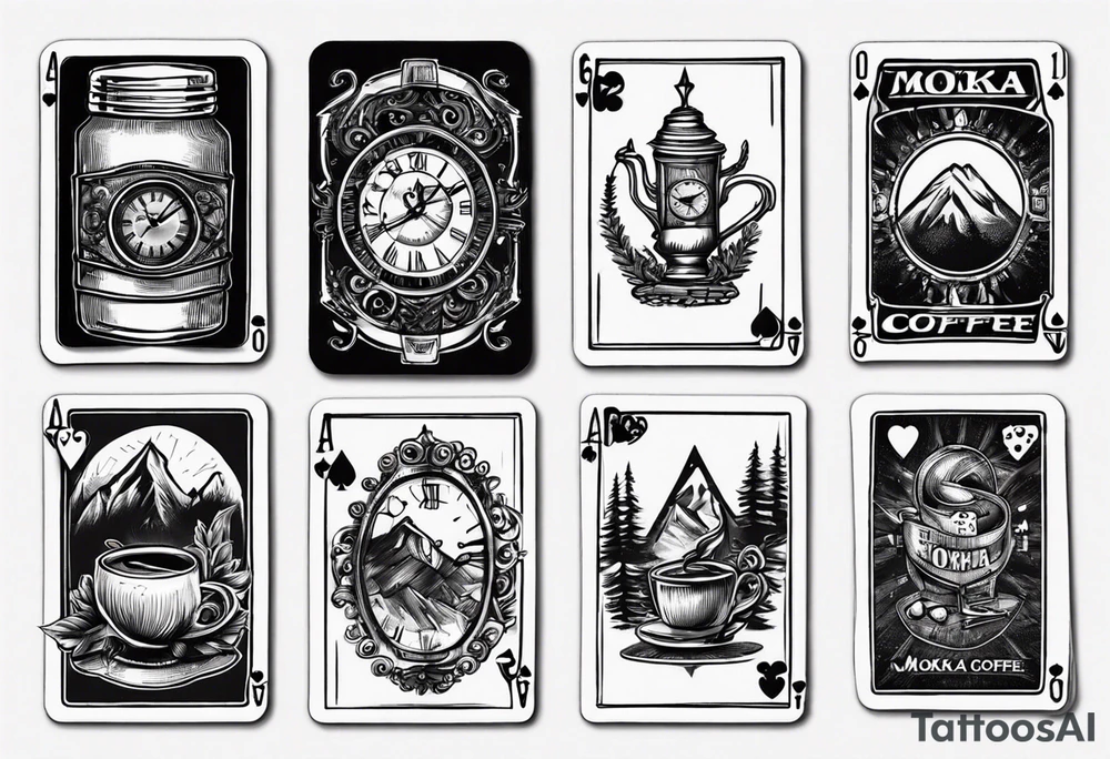 mokka coffee
Old clock at 9:44pm
Forest and mountain
Game of 4 poker cards tattoo idea