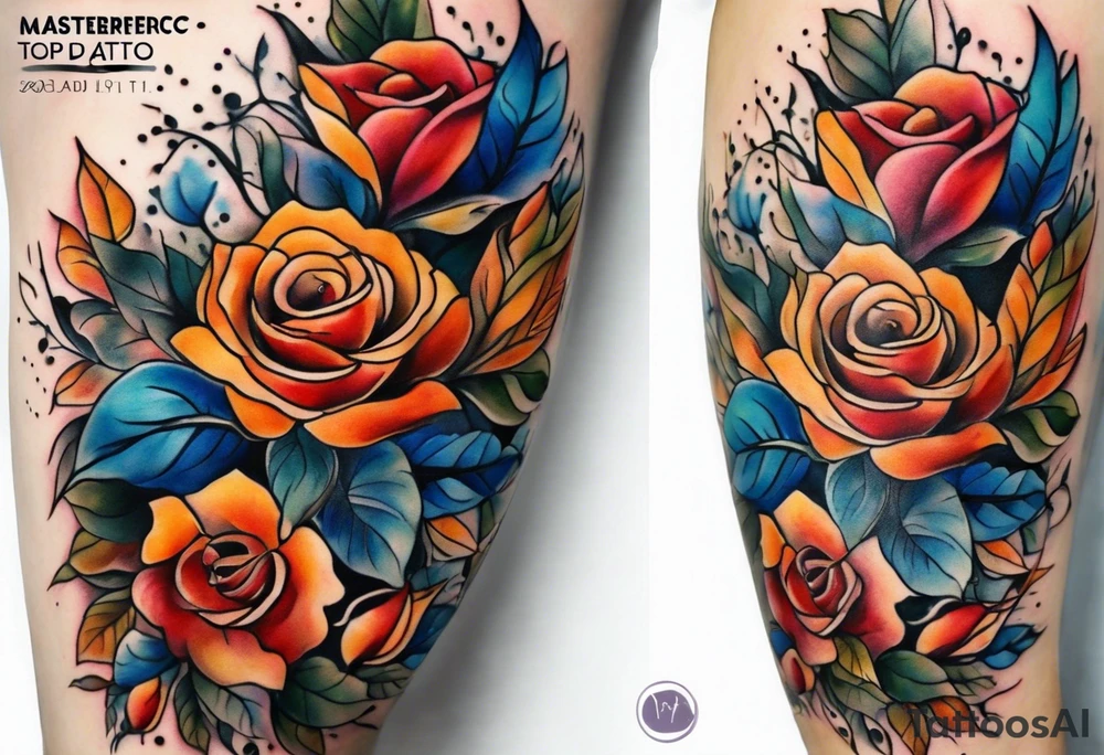 Front knee tattoo with fall colors, small flowers, rose, leaves, blue water flows with washes and background tattoo idea