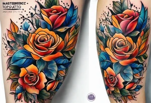 Front knee tattoo with fall colors, small flowers, rose, leaves, blue water flows with washes and background tattoo idea