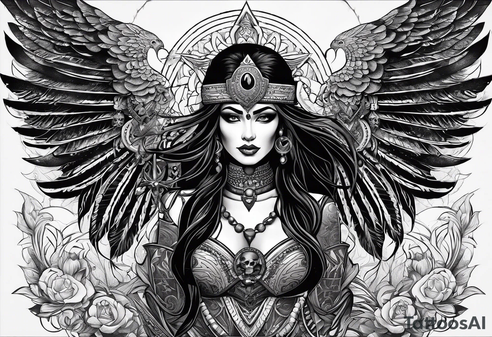 black kali, goddess pirate, alien, pachamama, valkrye, warrior, skull, lotus azul, wing, eagle, zenza resonance, stars, one side chest tattoo idea