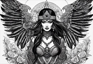 black kali, goddess pirate, alien, pachamama, valkrye, warrior, skull, lotus azul, wing, eagle, zenza resonance, stars, one side chest tattoo idea