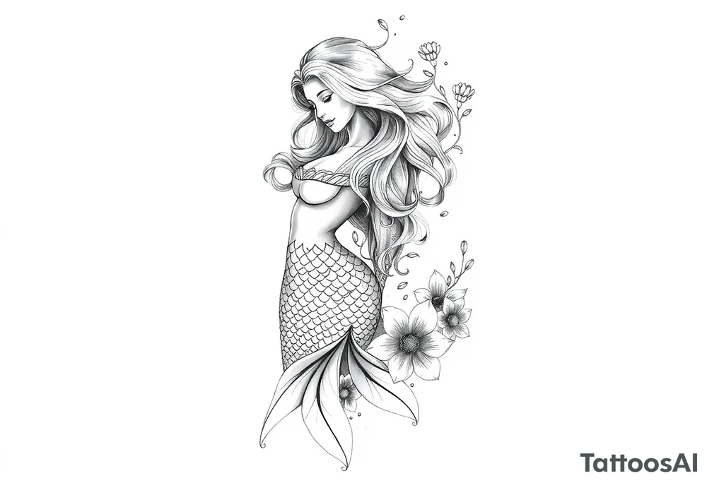 ethereal mermaid with flowing hair among coral and sea flowers tattoo idea