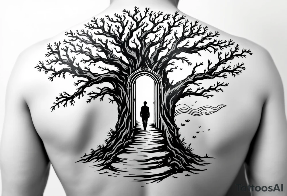 Back tattoo of a big tree with a door and a man walking through the door. On the right side of the tree draw some lines like a treasure map and water waves. On the left side draw some flame clouds tattoo idea