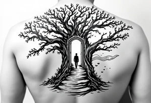 Back tattoo of a big tree with a door and a man walking through the door. On the right side of the tree draw some lines like a treasure map and water waves. On the left side draw some flame clouds tattoo idea