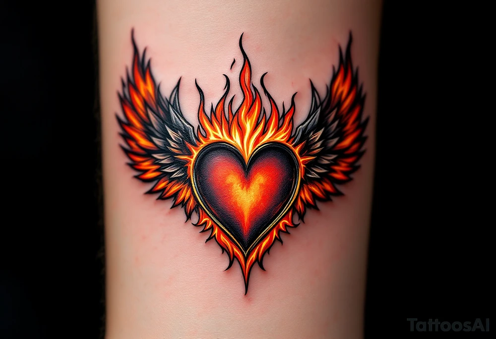 Flame-Encased Heart with Flaming Wings – A heart surrounded by orange and red flames, with fiery orange wings to reflect intense, burning love and passion. tattoo idea