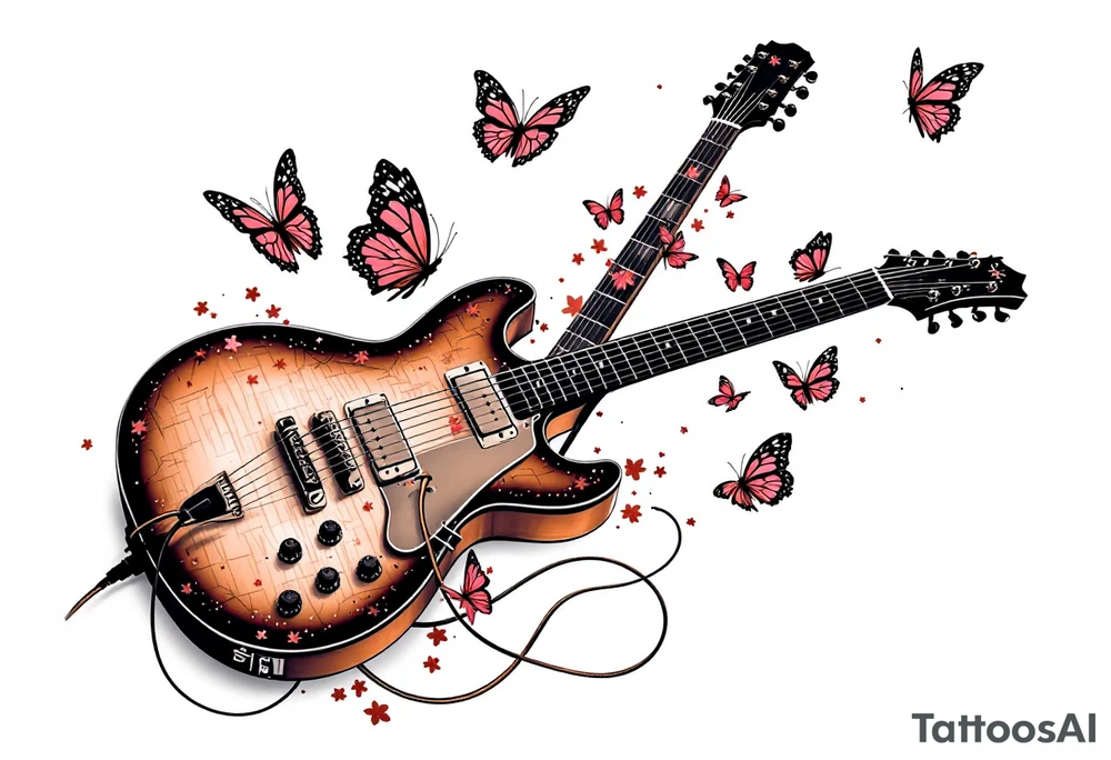 An electric guitar plugged into an amp with 5 butterflies flying around it tattoo idea