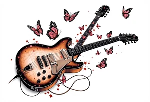 An electric guitar plugged into an amp with 5 butterflies flying around it tattoo idea